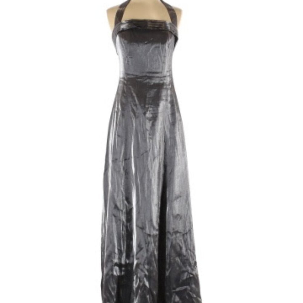 Michealangelo Metallic Formal Gray/Black Maxi Evening Halter Dress